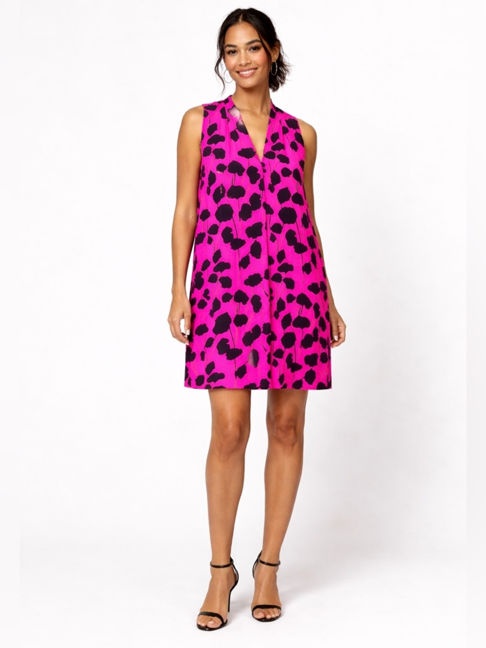 Vince Camuto Hot Pink & Black Floral Sleeveless Midi Dress – Size Large